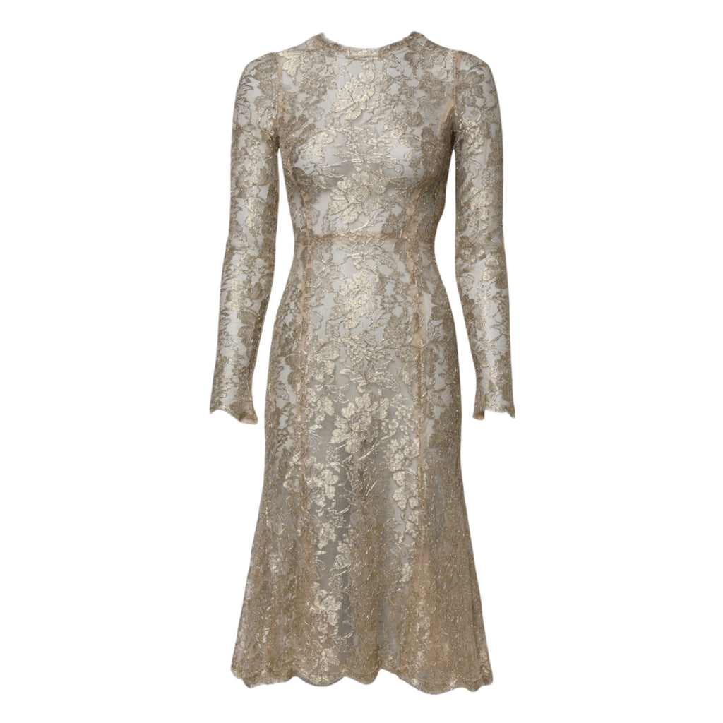 Goldfarbenes geblümtes Spitzenkleid mit langen Ärmeln und ausgestelltem Rock