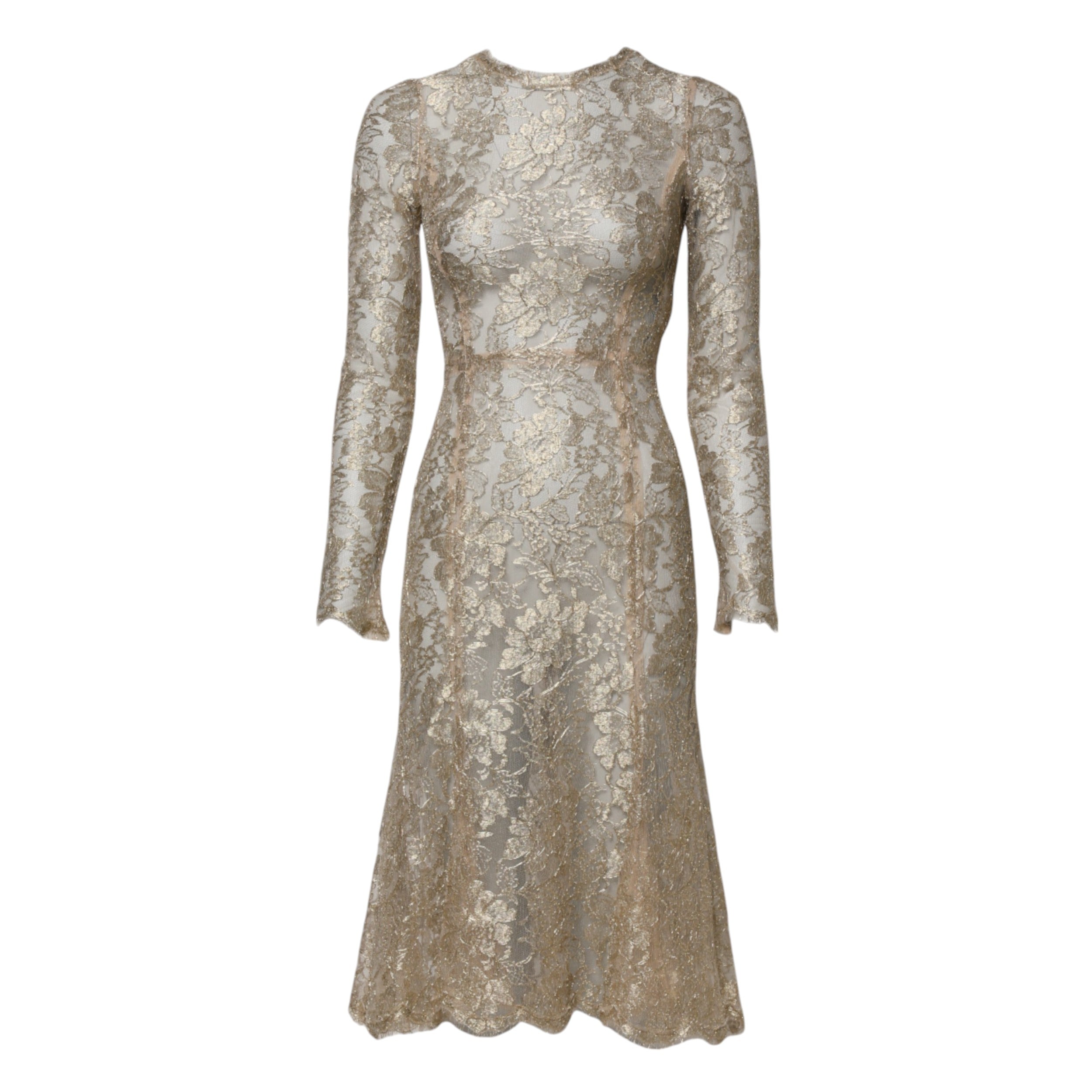 Goldfarbenes geblümtes Spitzenkleid mit langen Ärmeln und ausgestelltem Rock