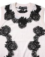 Weißes Kaschmir-Tanktop mit floralen Spitzendetails