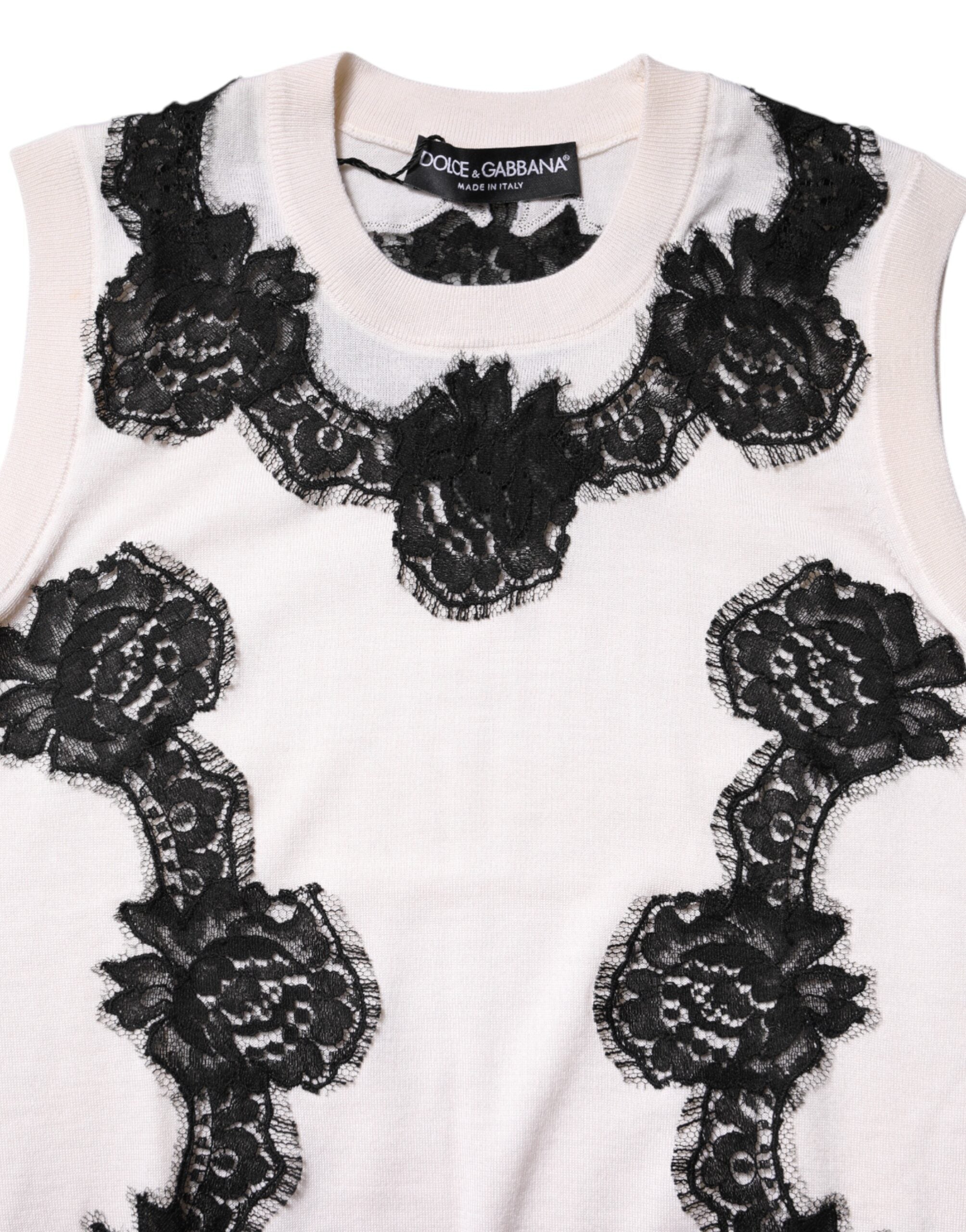 Weißes Kaschmir-Tanktop mit floralen Spitzendetails
