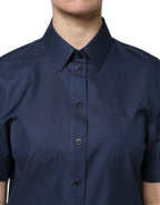 Blue Cotton Short Sleeves Button Down Top