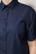Blue Cotton Short Sleeves Button Down Top