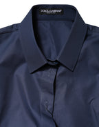 Blue Cotton Short Sleeves Button Down Top