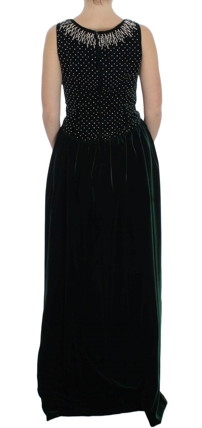 Grünes Samt-Maxikleid mit Kristallen