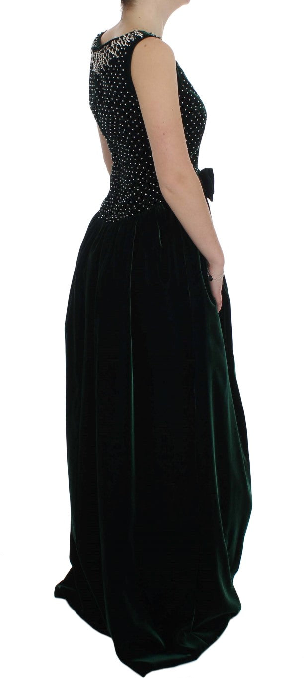 Grünes Samt-Maxikleid mit Kristallen