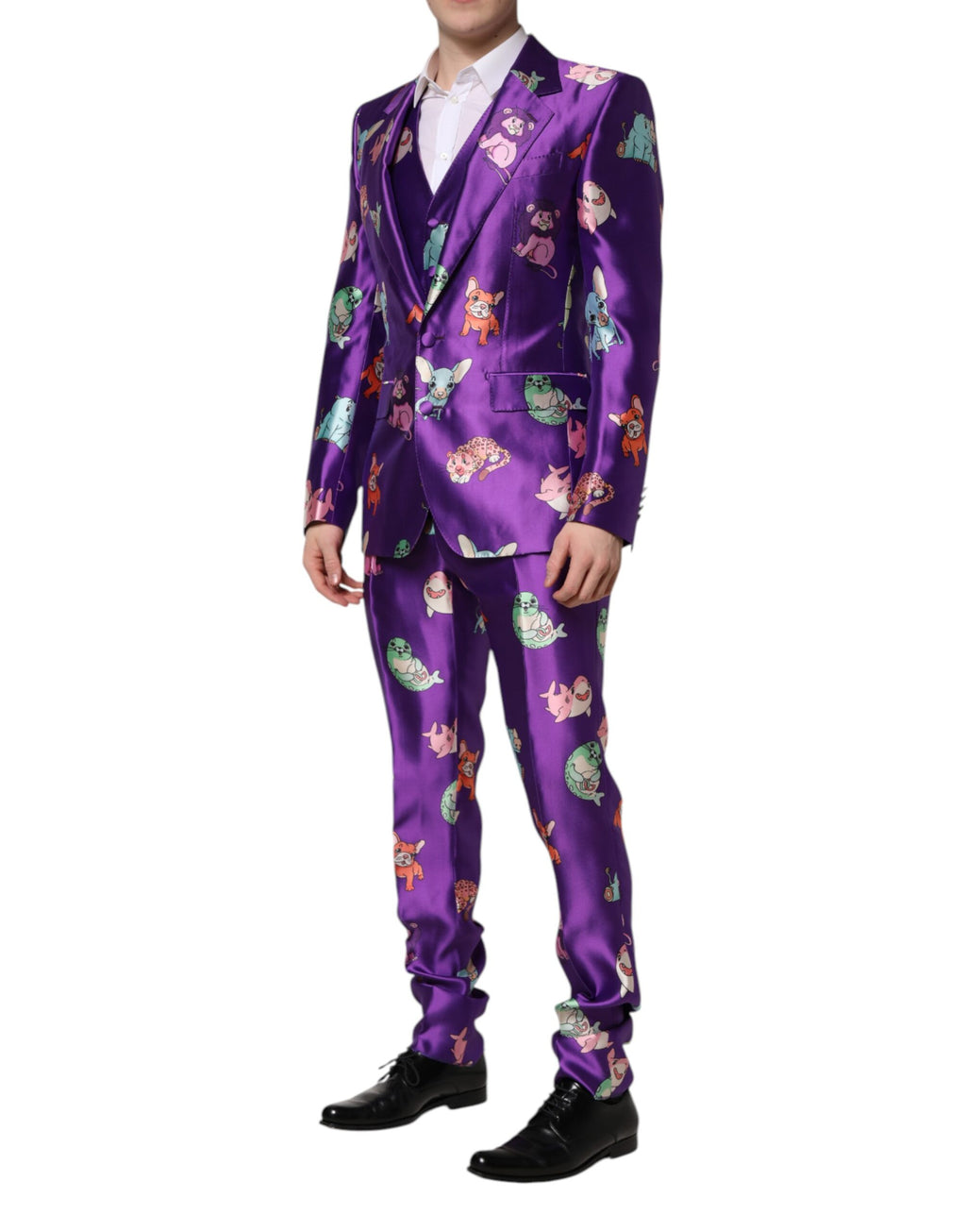 Lila Seiden-Anzug mit Animal-Print, 3-teilig