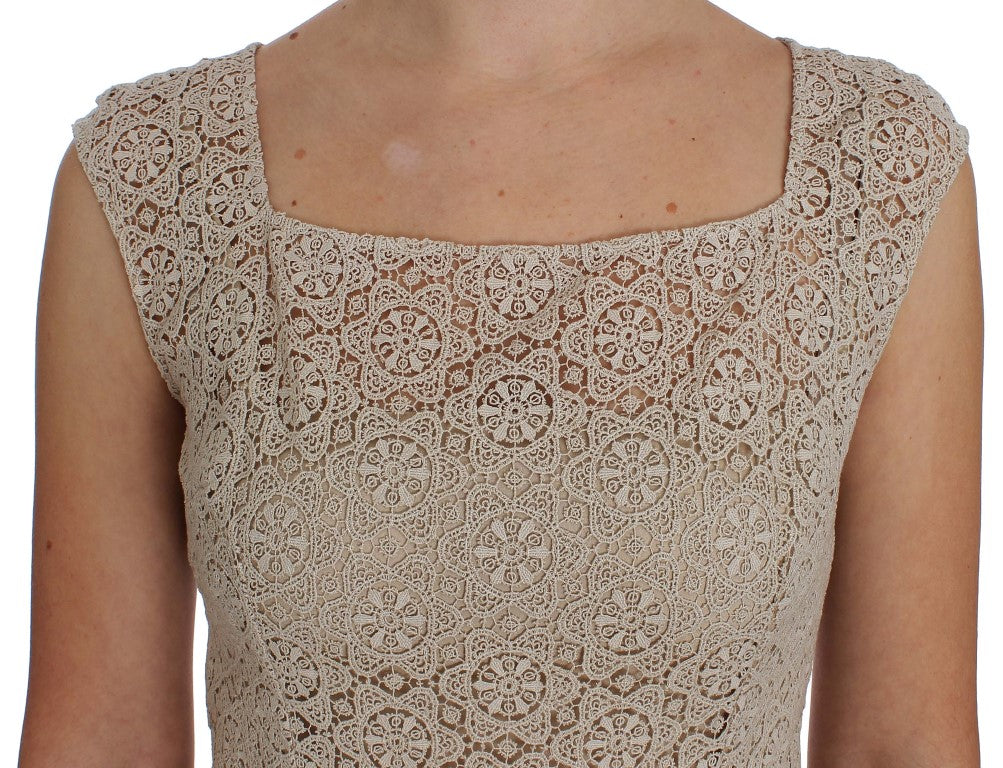 Beiges besticktes Etuikleid aus Baumwolle mit Cutouts
