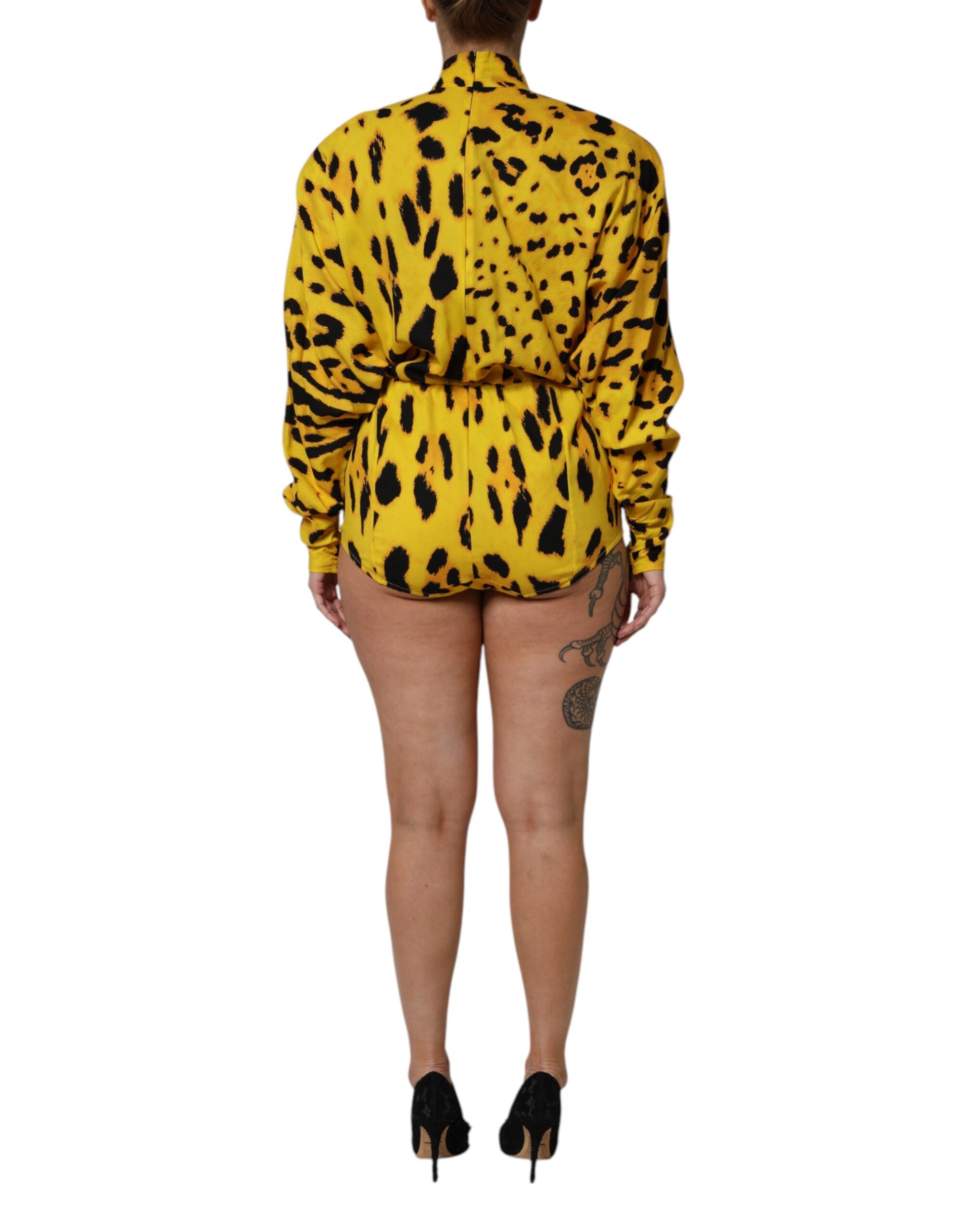 Gelbes Leoparden-Jumpsuit-Kleid mit langen Ärmeln