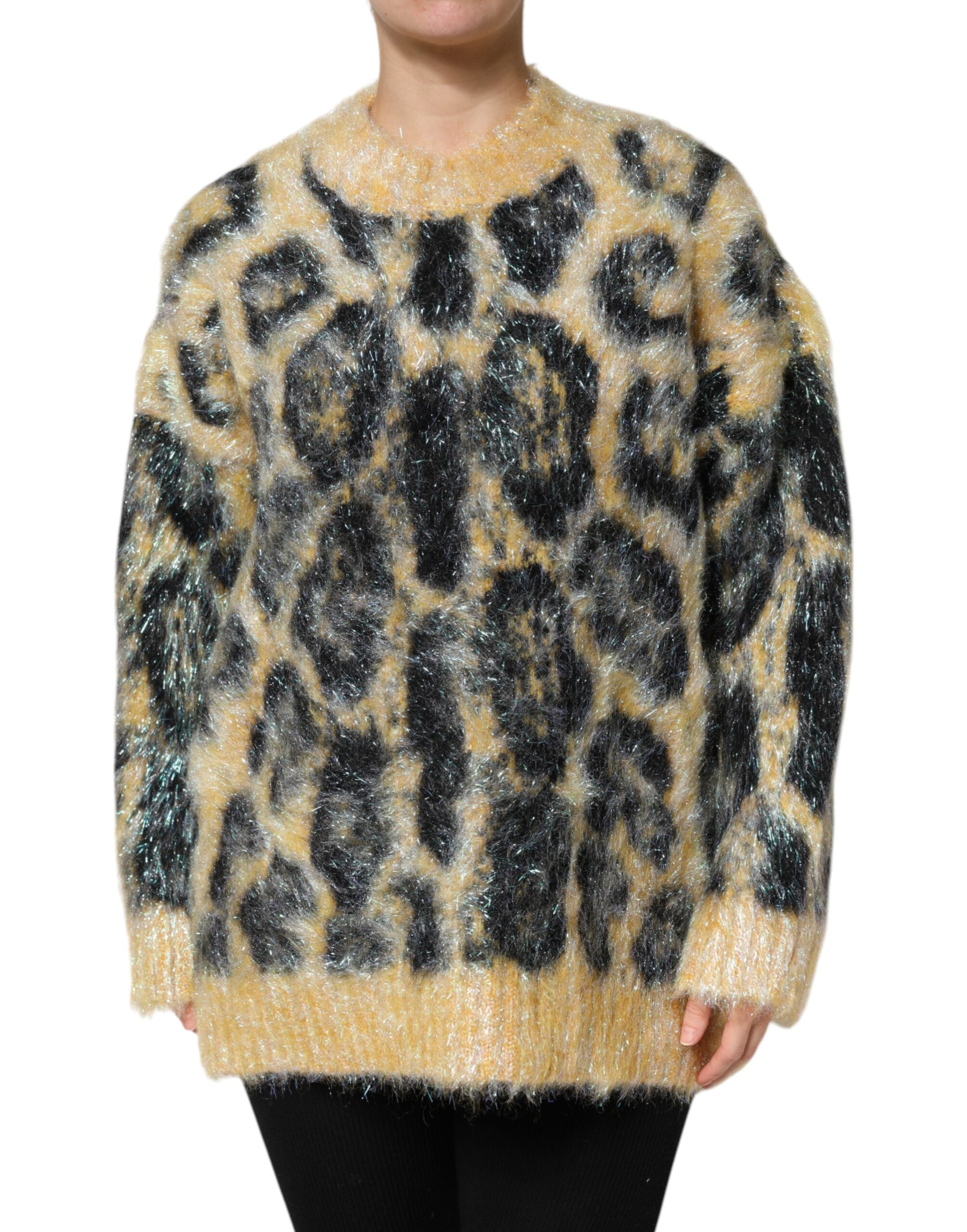 Mehrfarbiger Leopard Mohair Rundhalspullover