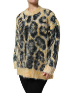 Mehrfarbiger Leopard Mohair Rundhalspullover