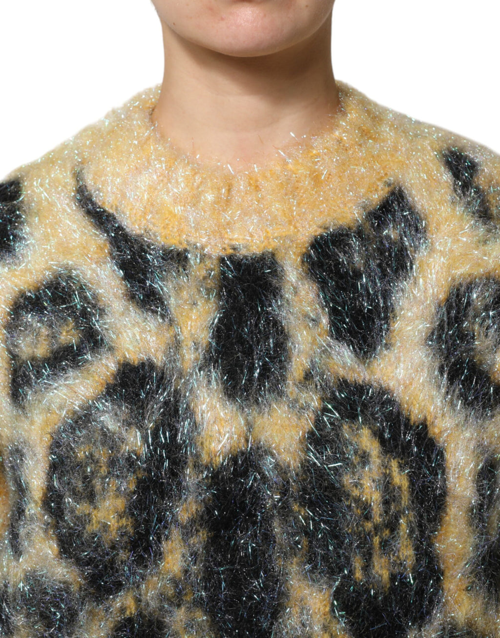 Mehrfarbiger Leopard Mohair Rundhalspullover