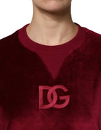 Red Cotton Velvet Crew Neck Pullover Sweater