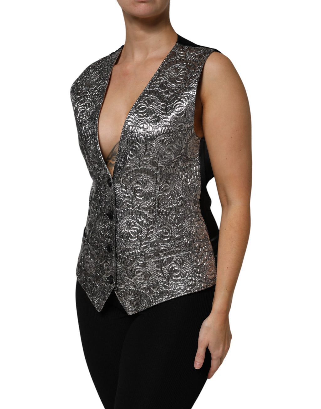 Silbernes ärmelloses Jacquard-Westenoberteil mit Blumenmuster