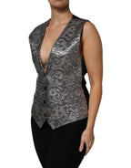 Silbernes ärmelloses Jacquard-Westenoberteil mit Blumenmuster