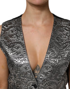 Silbernes ärmelloses Jacquard-Westenoberteil mit Blumenmuster