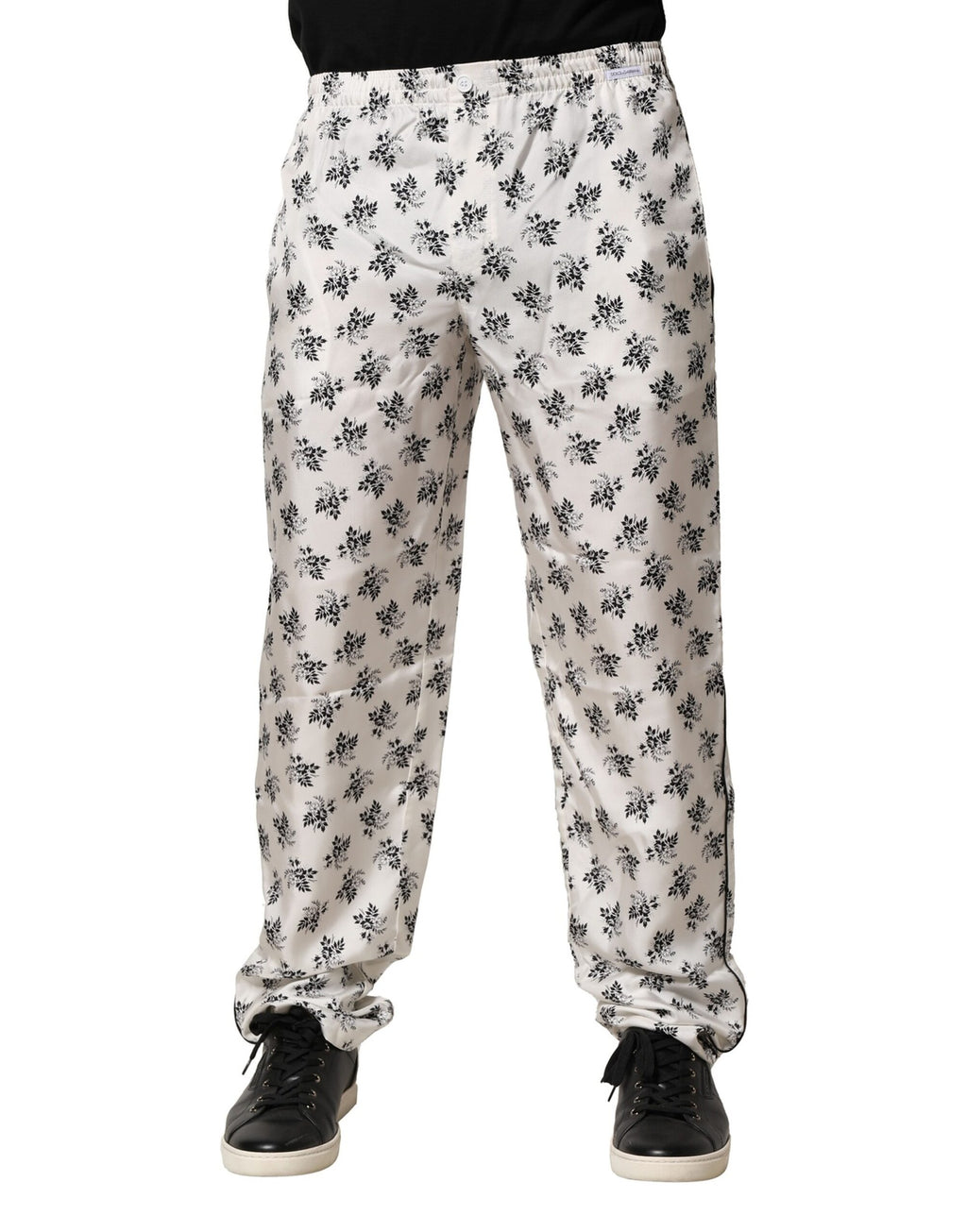 Weiße Freizeithose aus Seide mit Blumenmuster