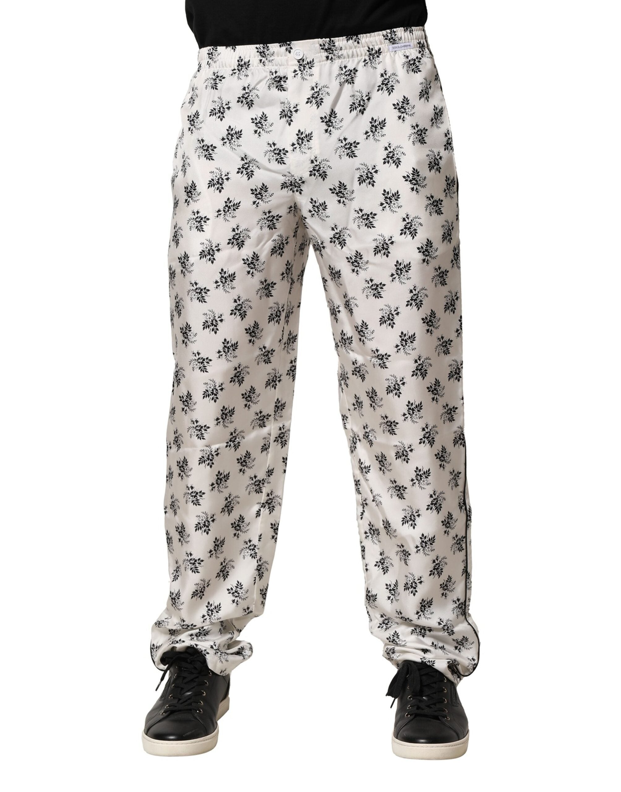Weiße Freizeithose aus Seide mit Blumenmuster