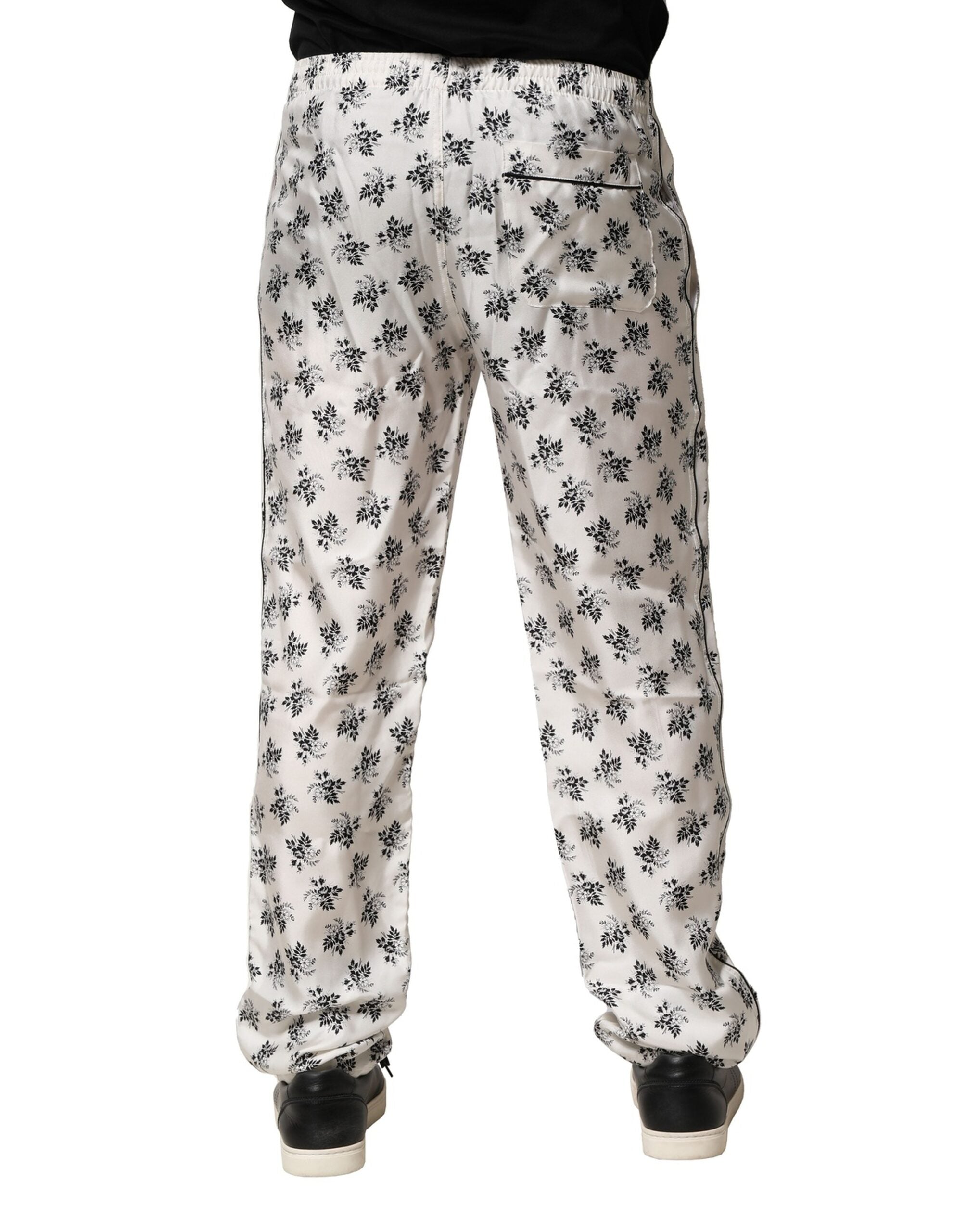 Weiße Freizeithose aus Seide mit Blumenmuster