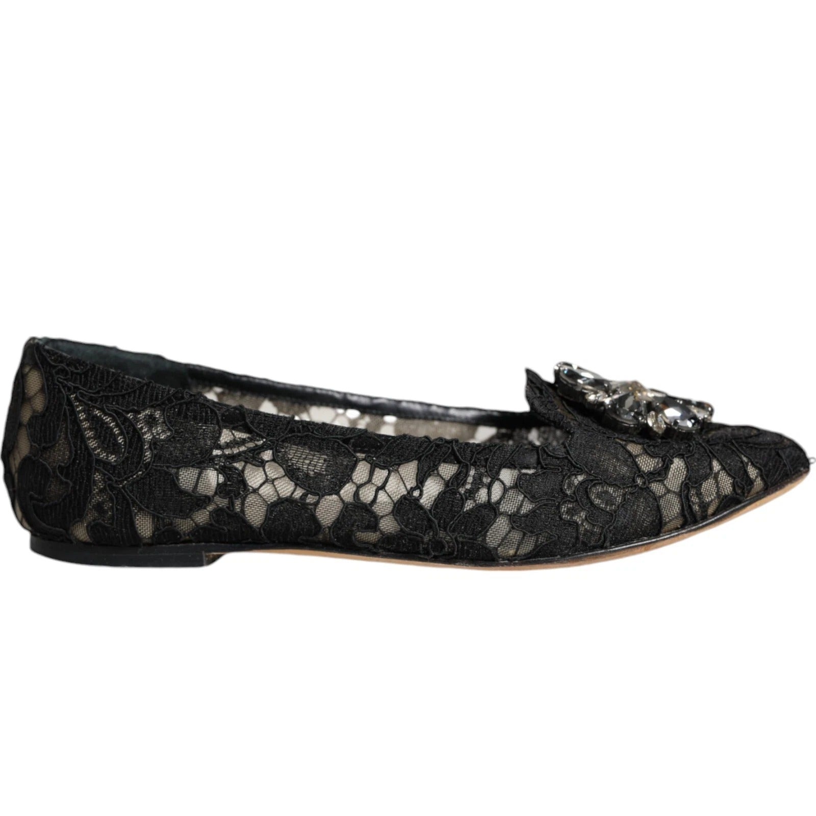 Schwarze Spitzen-Kristall-Ballerinas Loafer