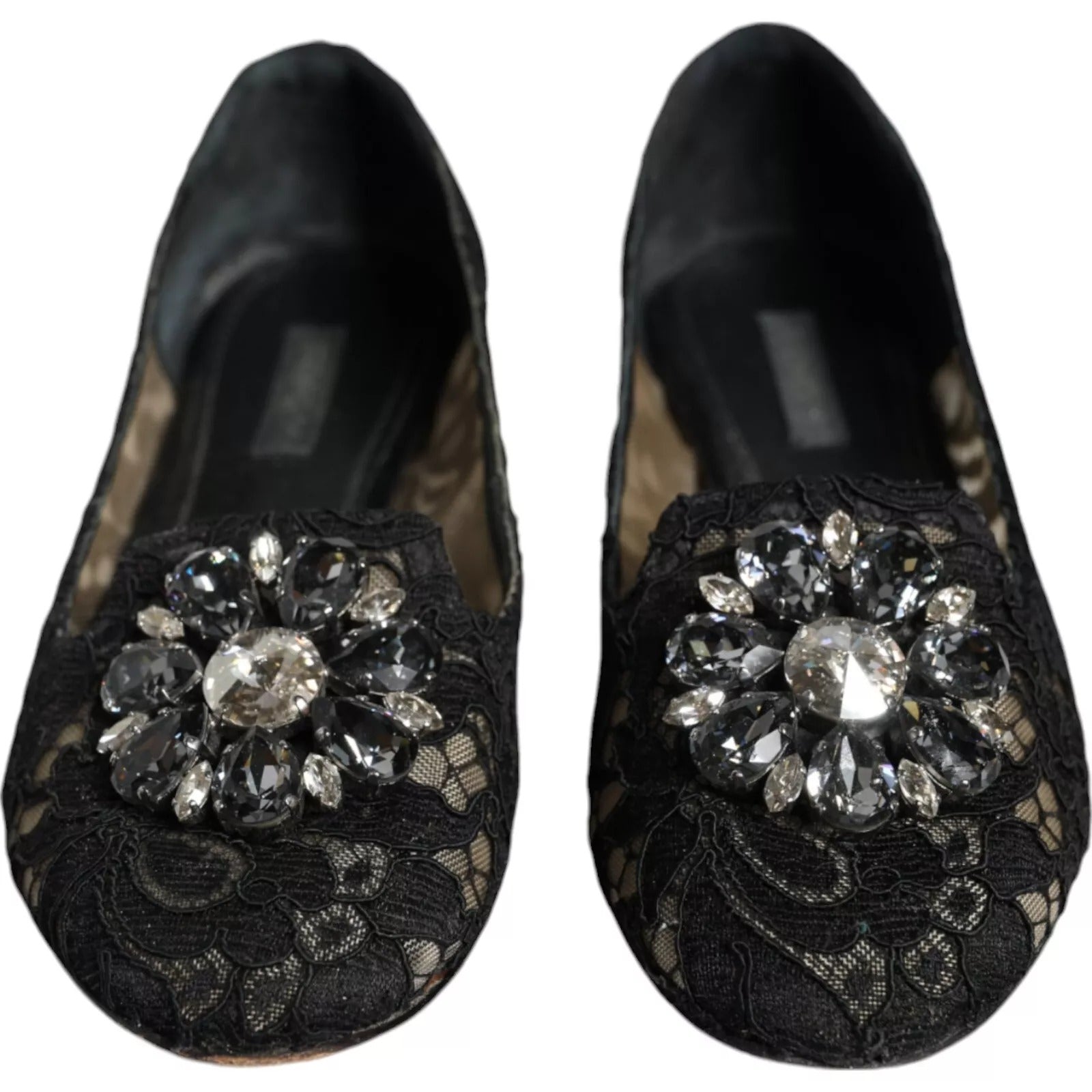 Schwarze Spitzen-Kristall-Ballerinas Loafer