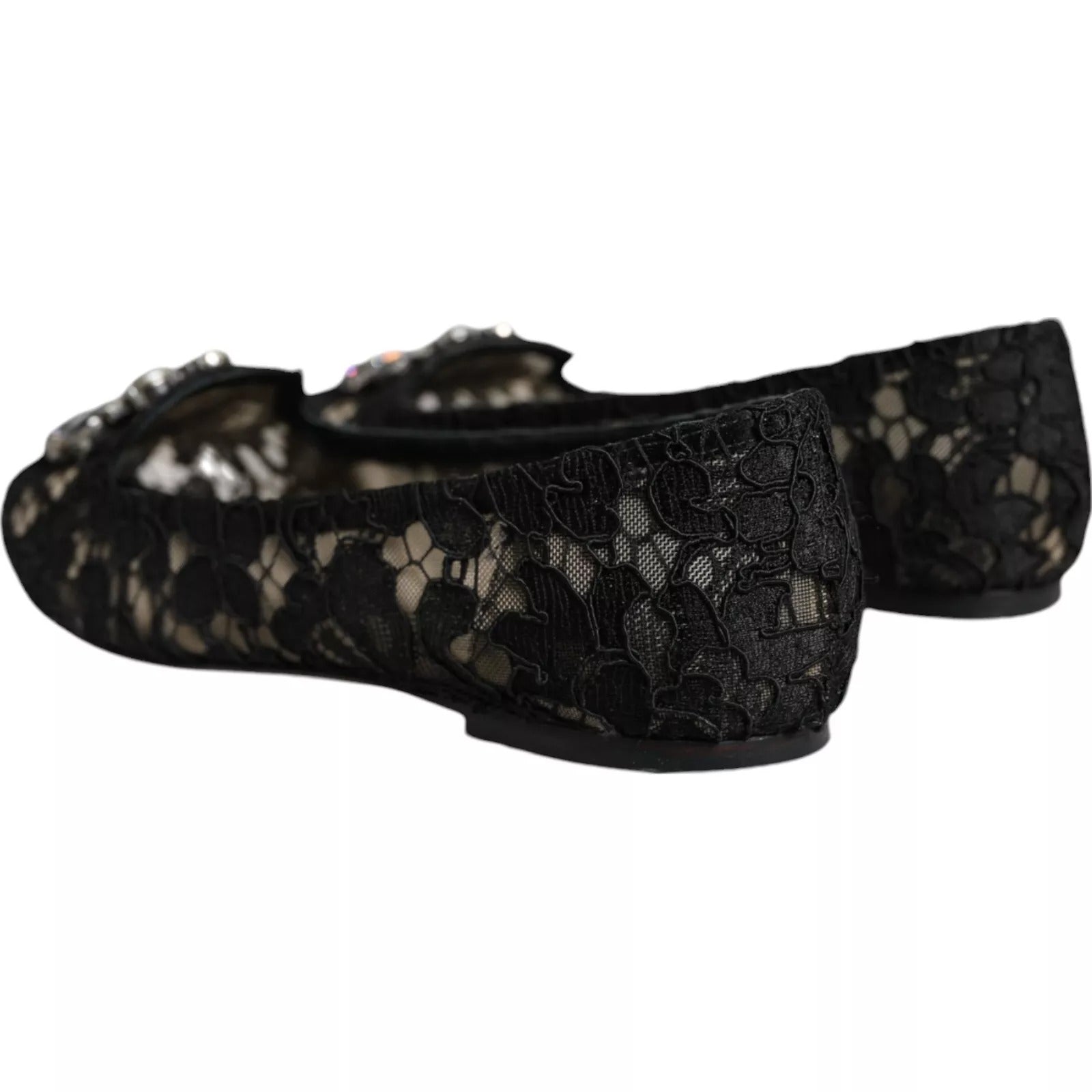 Schwarze Spitzen-Kristall-Ballerinas Loafer