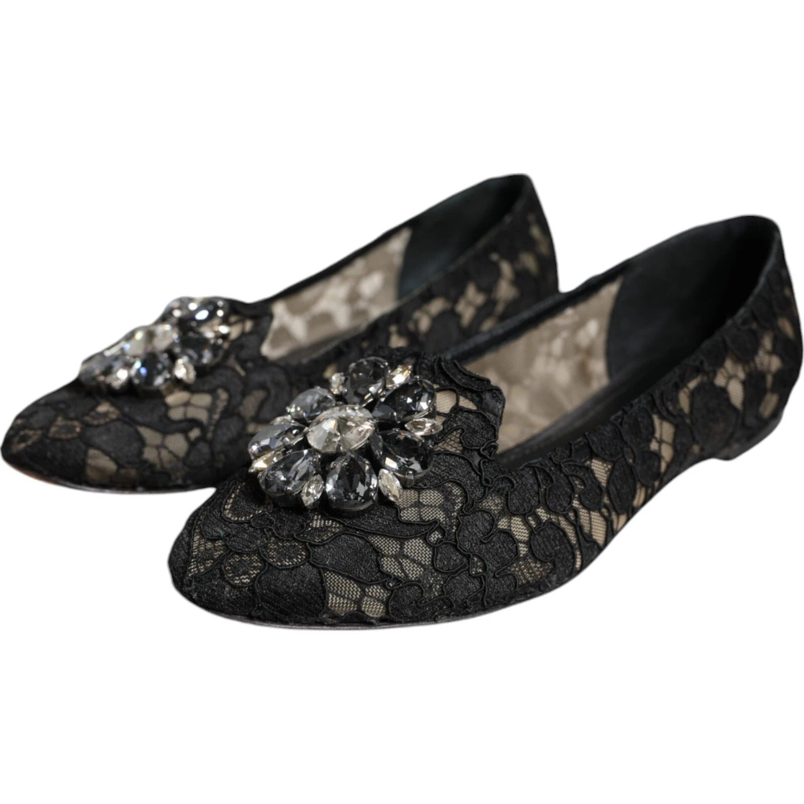 Schwarze Spitzen-Kristall-Ballerinas Loafer