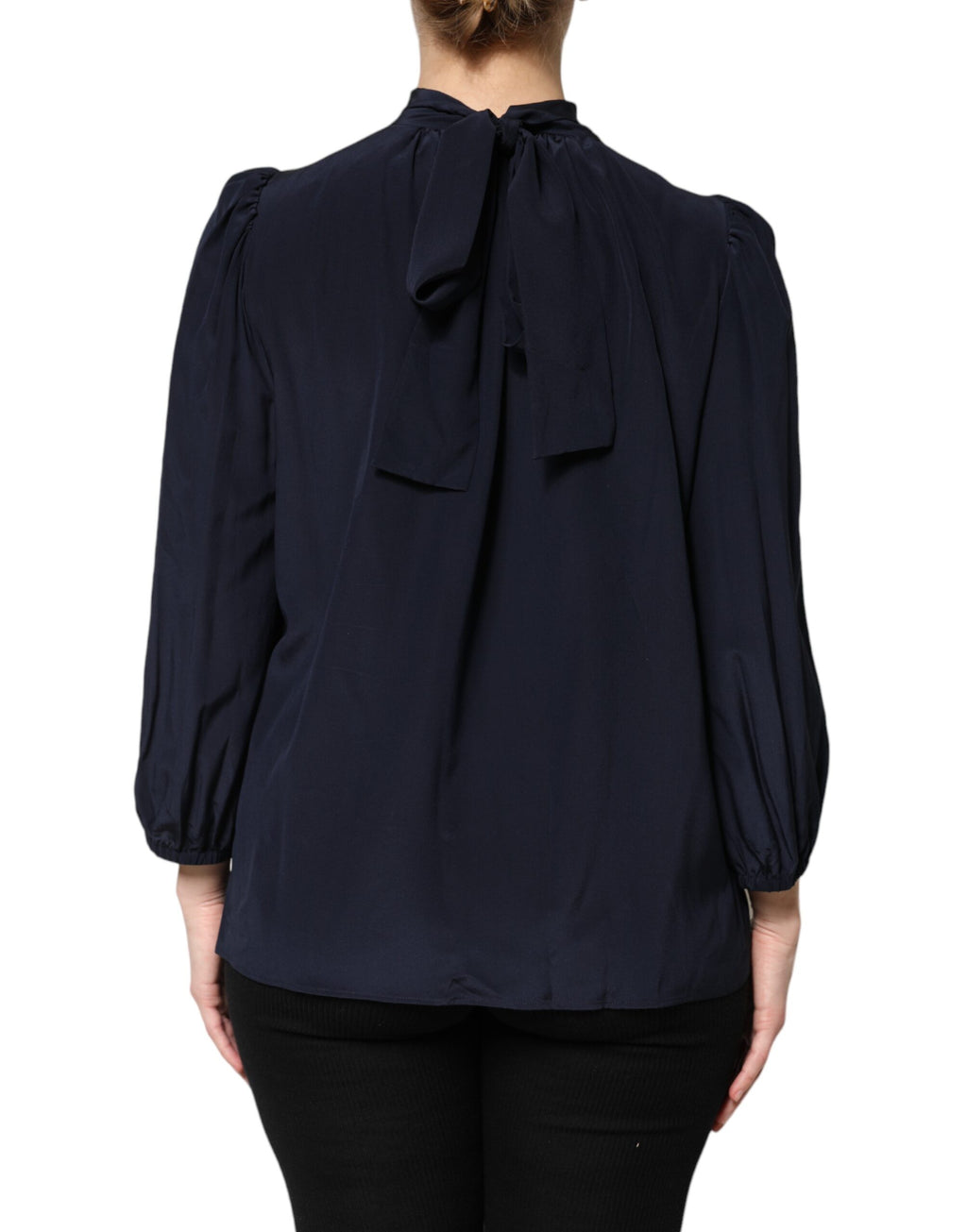 Blue Silk Mock Neck Long Sleeves Blouse Top