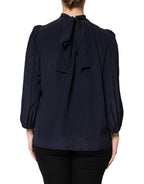 Blue Silk Mock Neck Long Sleeves Blouse Top
