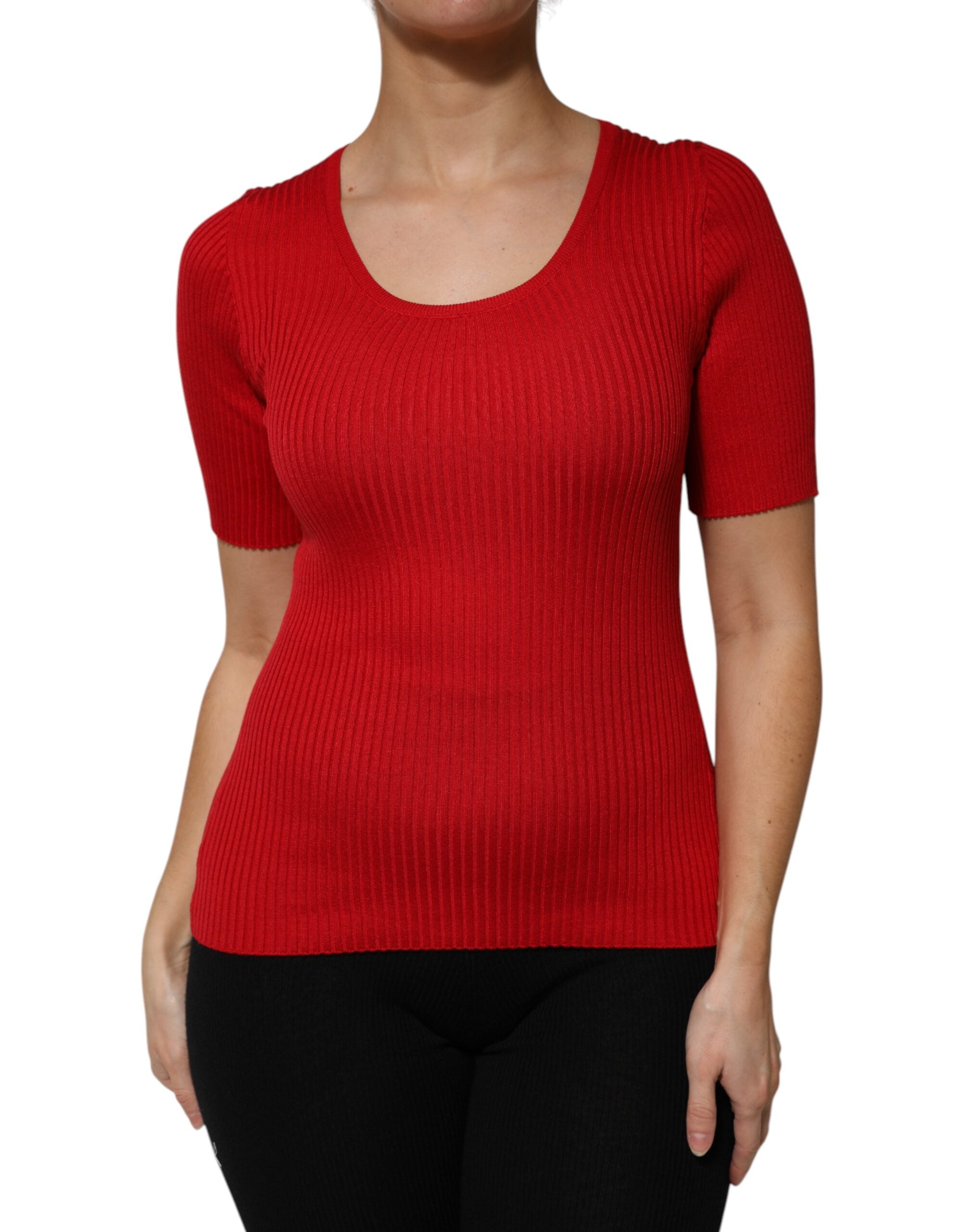 Rotes Rundhals-Kurzarm-Pullover-Oberteil