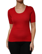Rotes Rundhals-Kurzarm-Pullover-Oberteil