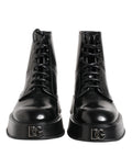 Stivaletti con logo in pelle nera con lacci