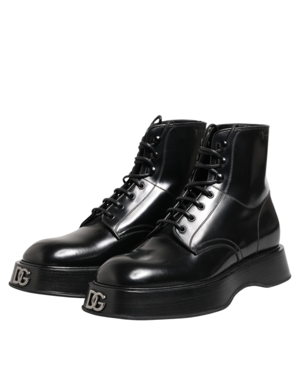 Stivaletti con logo in pelle nera con lacci