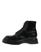Stivaletti con logo in pelle nera con lacci