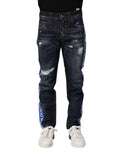 Dunkelblaue zerrissene Röhrenjeans aus Denim