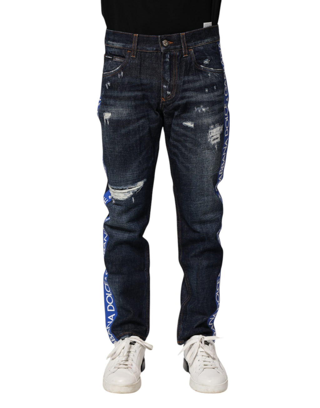 Dunkelblaue zerrissene Röhrenjeans aus Denim