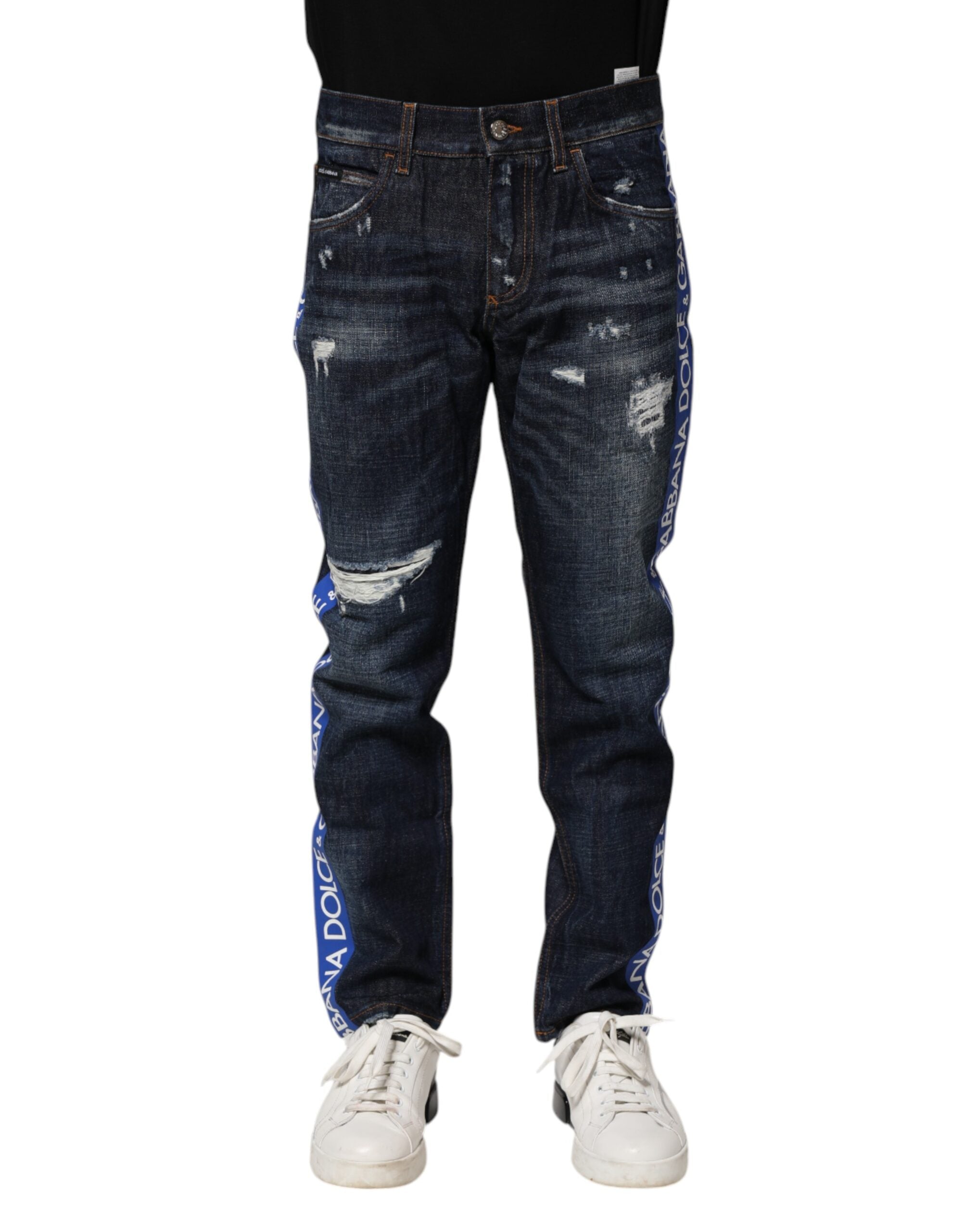 Dunkelblaue zerrissene Röhrenjeans aus Denim