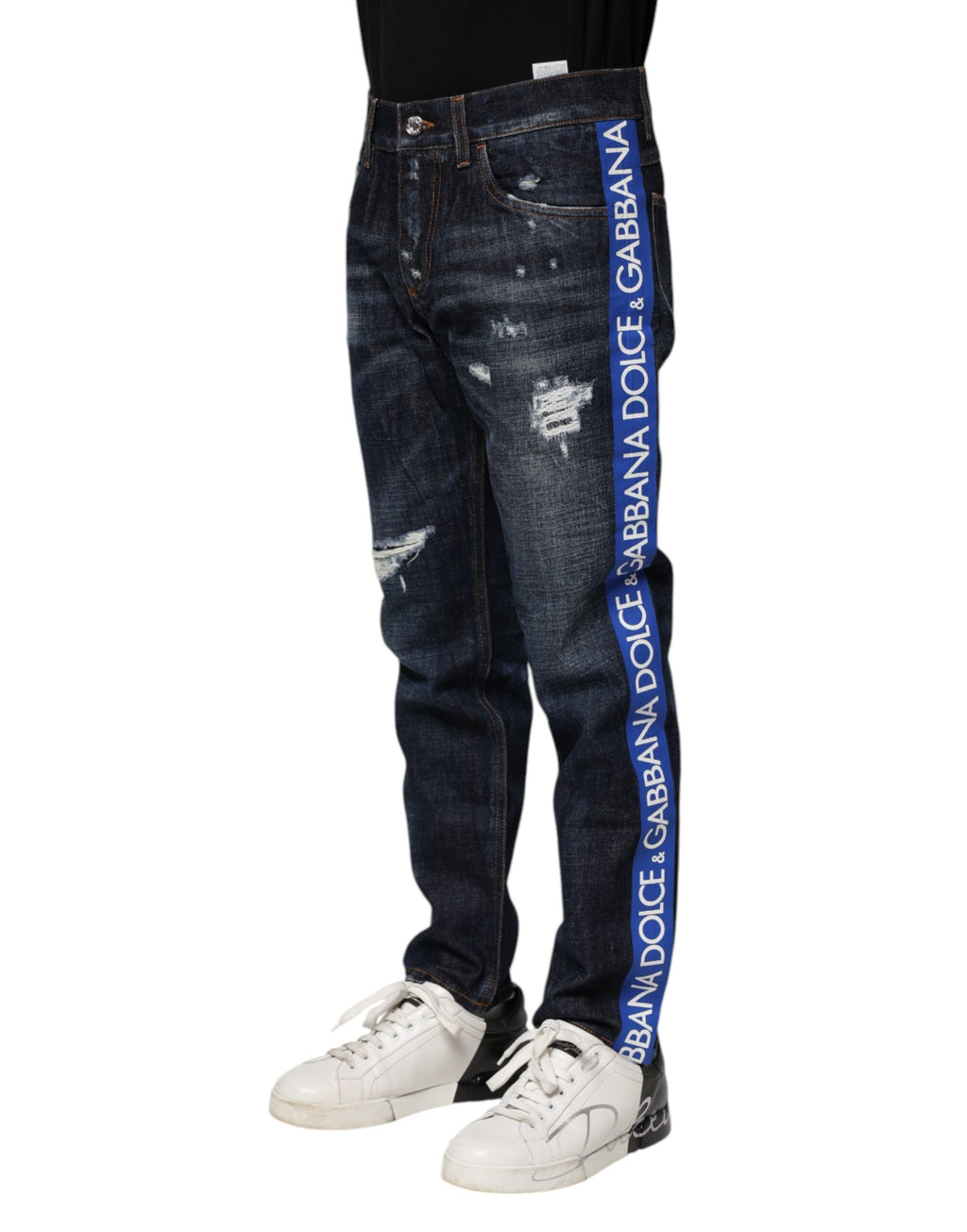 Dunkelblaue zerrissene Röhrenjeans aus Denim