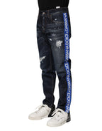 Dunkelblaue zerrissene Röhrenjeans aus Denim