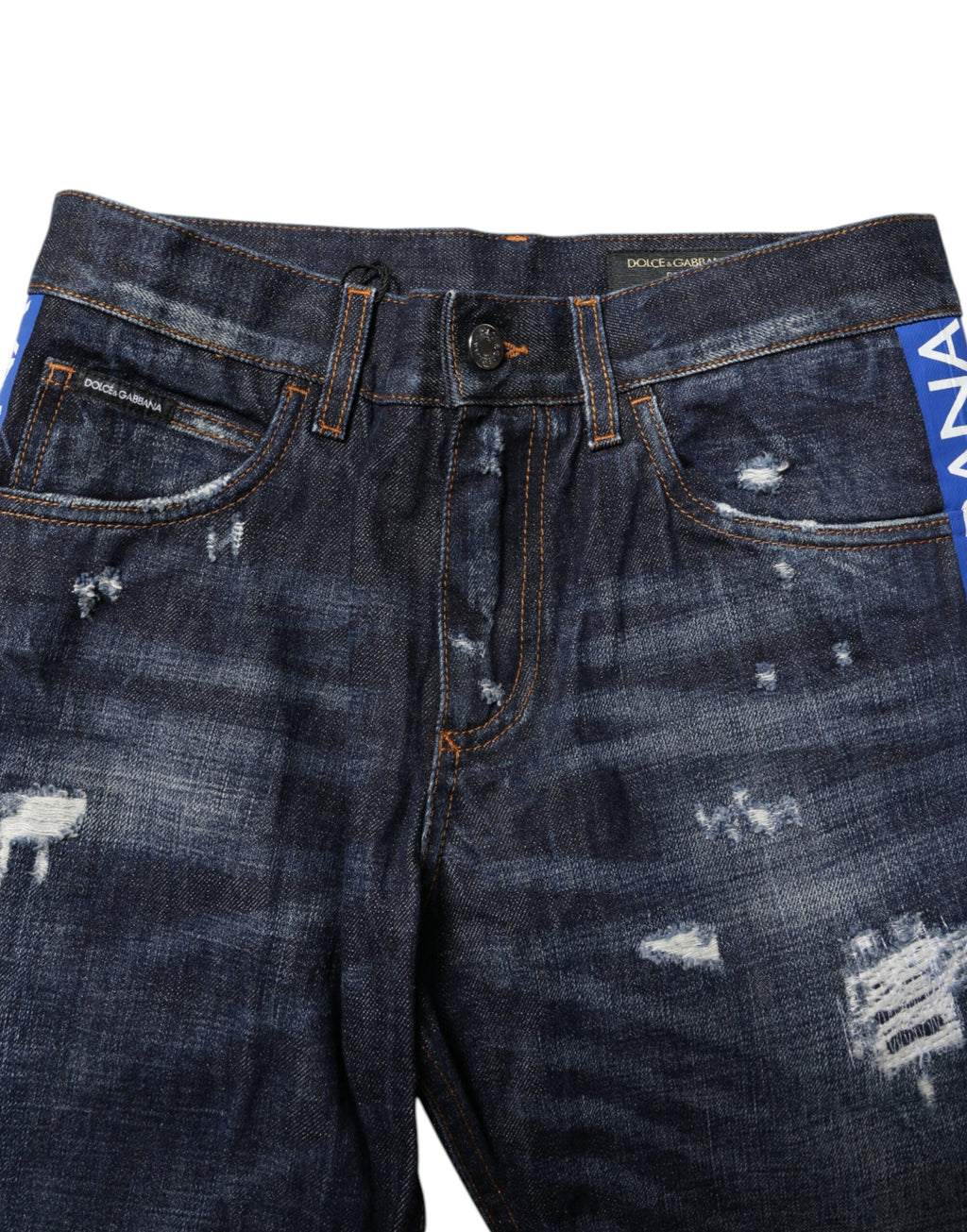 Dunkelblaue zerrissene Röhrenjeans aus Denim