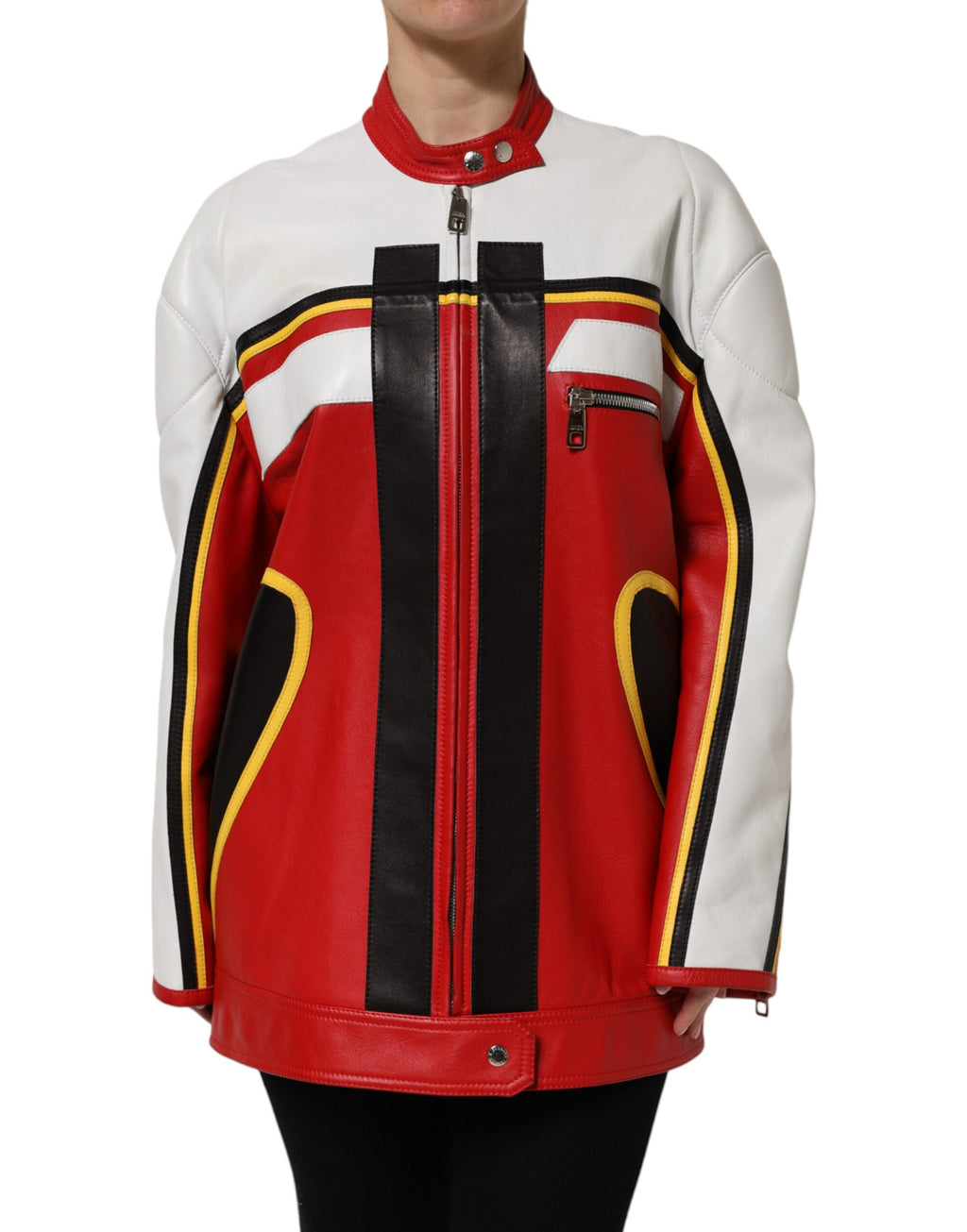 Mehrfarbige Leder-Bikerjacke mit durchgehendem Reißverschluss