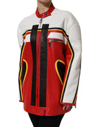 Mehrfarbige Leder-Bikerjacke mit durchgehendem Reißverschluss