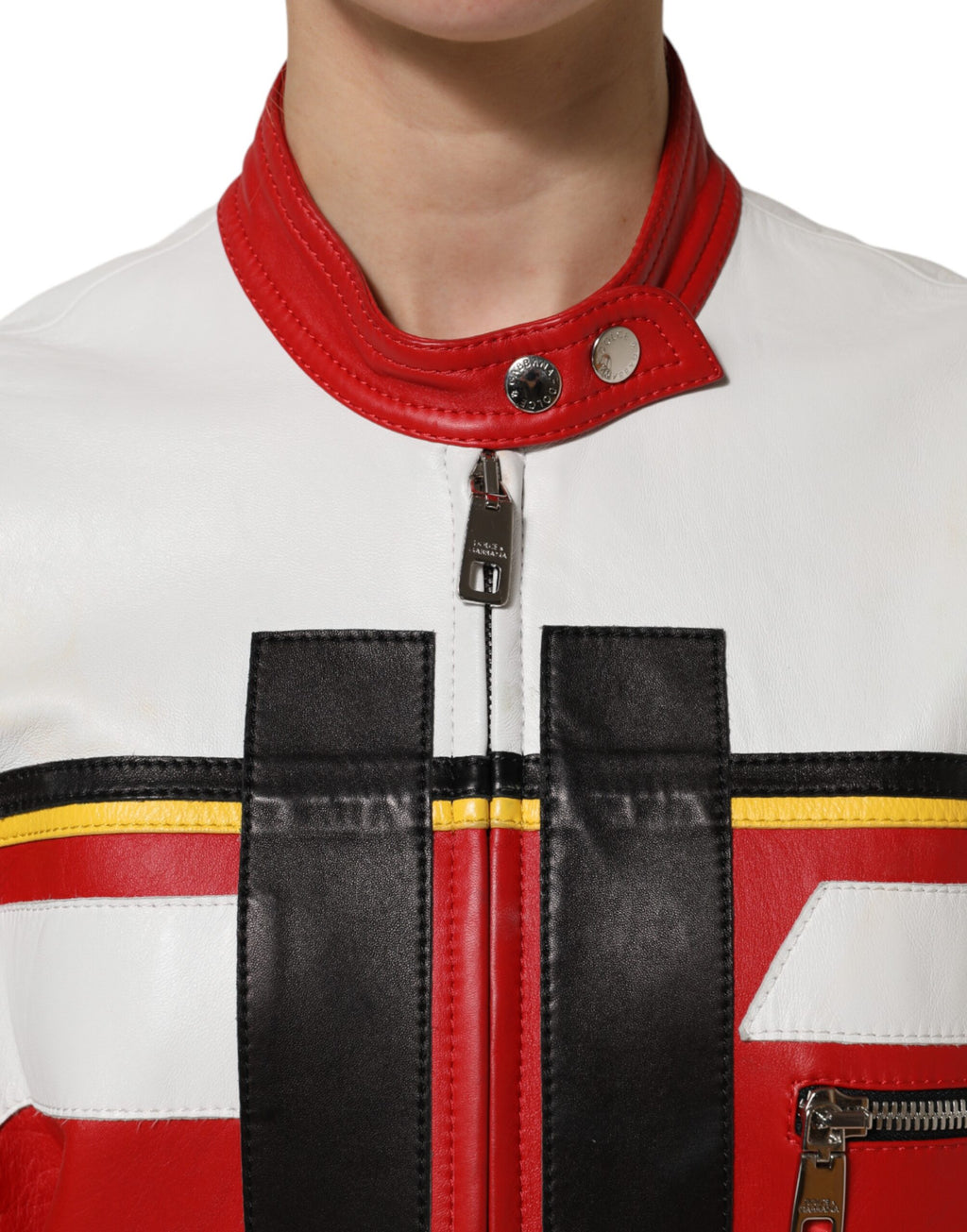 Mehrfarbige Leder-Bikerjacke mit durchgehendem Reißverschluss