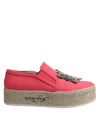 Pink Canvas Crystal Embellished Slip On Shoes