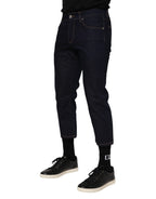 Dunkelblaue Baumwoll-Denim-Slim-Fit-Jeans mit Logo für Herren