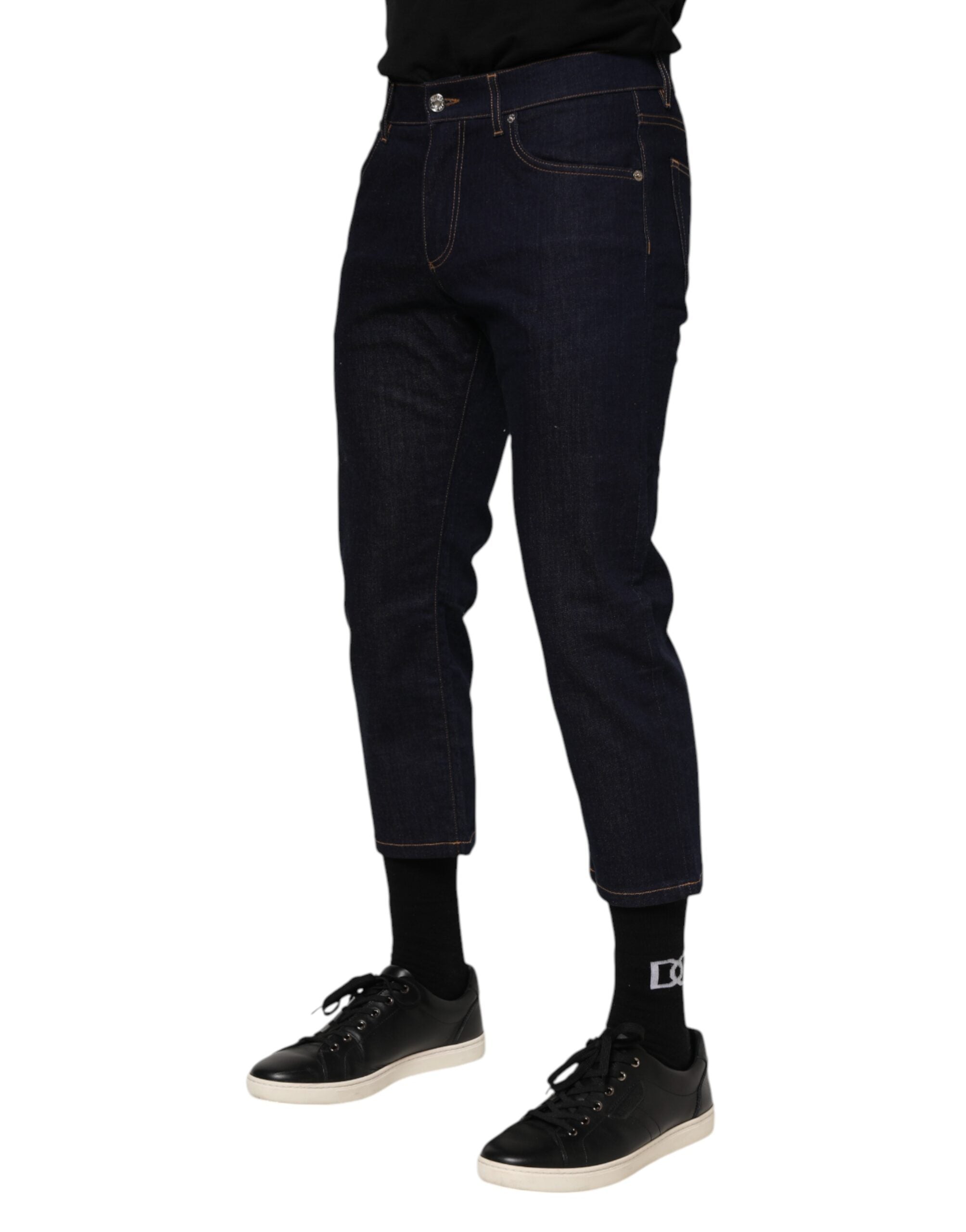 Dunkelblaue Baumwoll-Denim-Slim-Fit-Jeans mit Logo für Herren