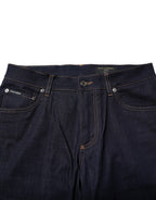 Dunkelblaue Baumwoll-Denim-Slim-Fit-Jeans mit Logo für Herren