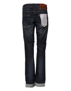 Blue Washed Cotton Mid Waist Flared Denim Jeans