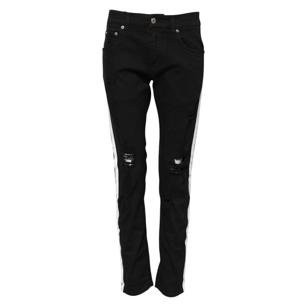 Jeans in denim neri skinny con fodera bianca strappata