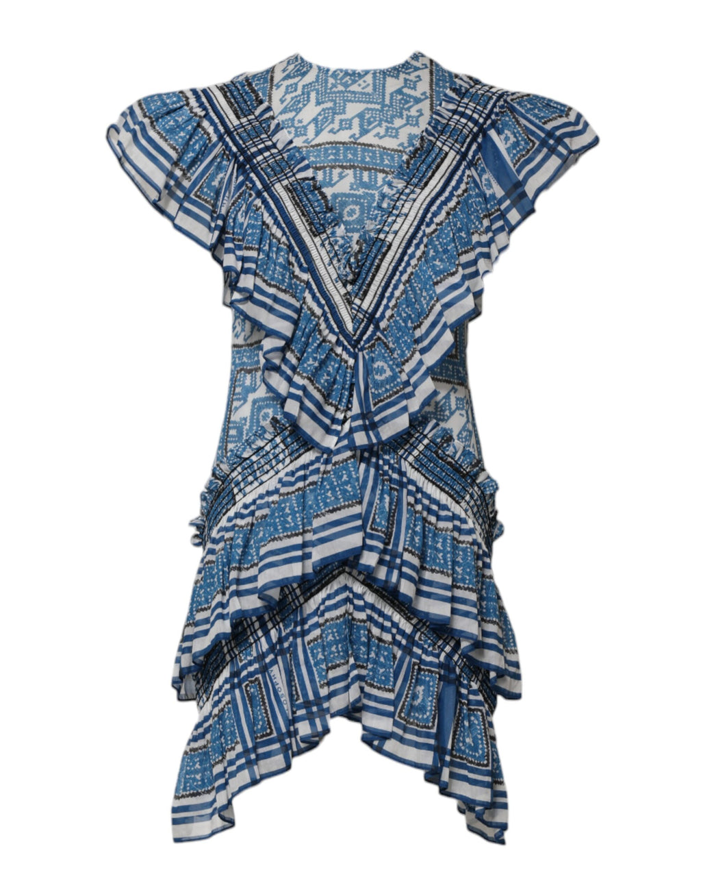 Blau Gemustertes Gestuftes Kurzarm-Minikleid