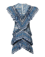 Blau Gemustertes Gestuftes Kurzarm-Minikleid